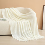 White Elegant Openwork Knitted Throw Blanket with Tassels - 130x230cm Large Decorative Soft Sofa Blanket for Living Room & Bedroom - Breathable Cozy Cover for Travel & Office Nap