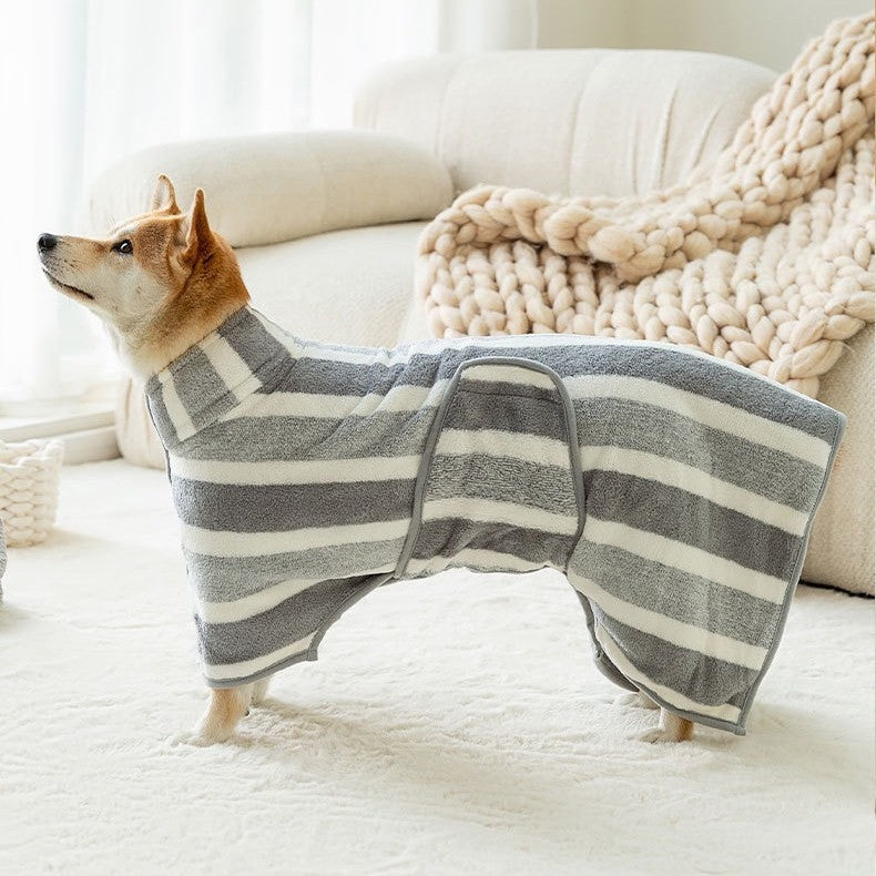 Grey Stripes Super Absorbent Pet Bathrobe with Waist Belt & Neck Snap - Full Coverage Quick-Drying Towel for Dogs & Cats (M Size)