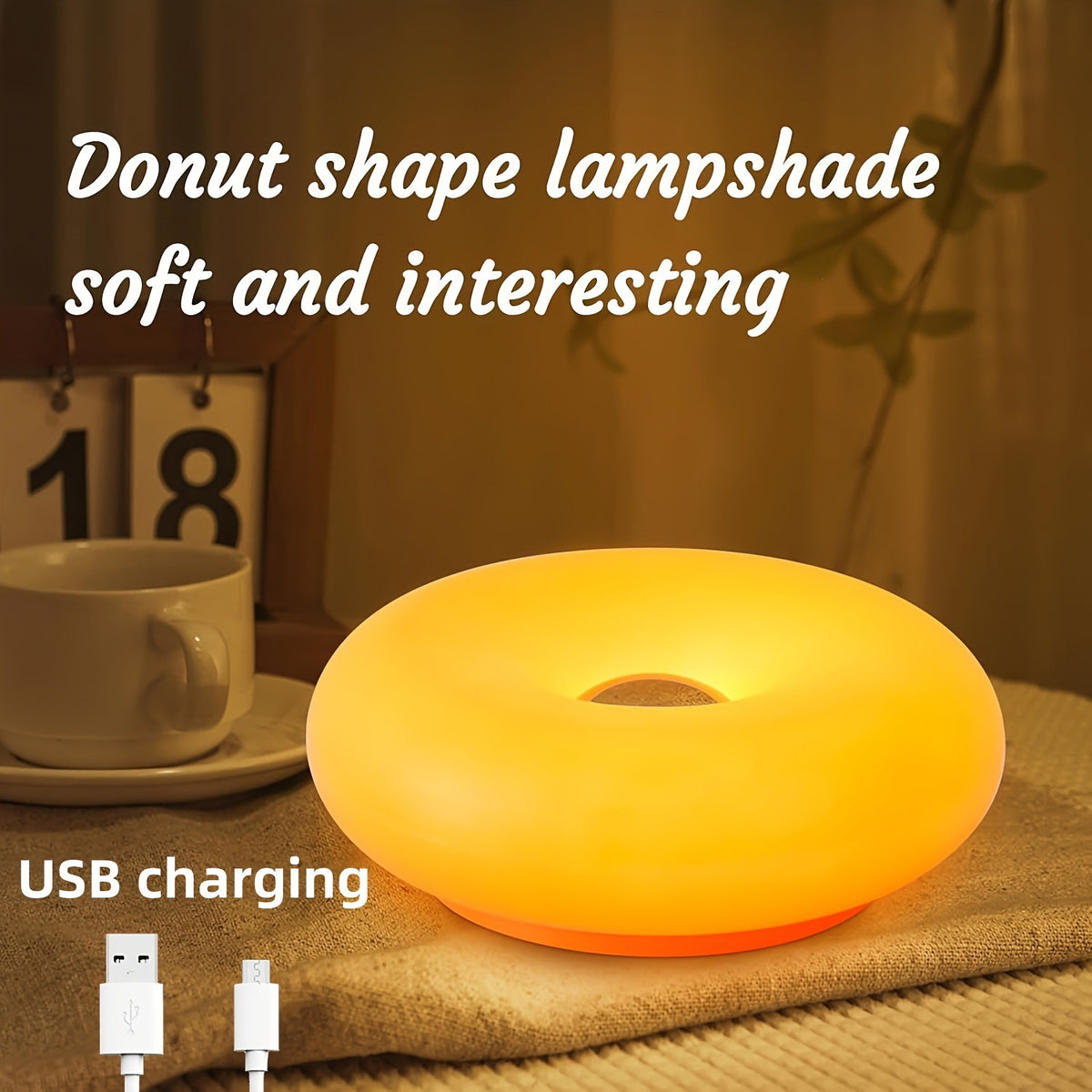 Retro Bauhaus Donut Bedside Lamp - Vibrant Orange Ambient Light and Sconce with Touch Dimming (USB Plug-in)