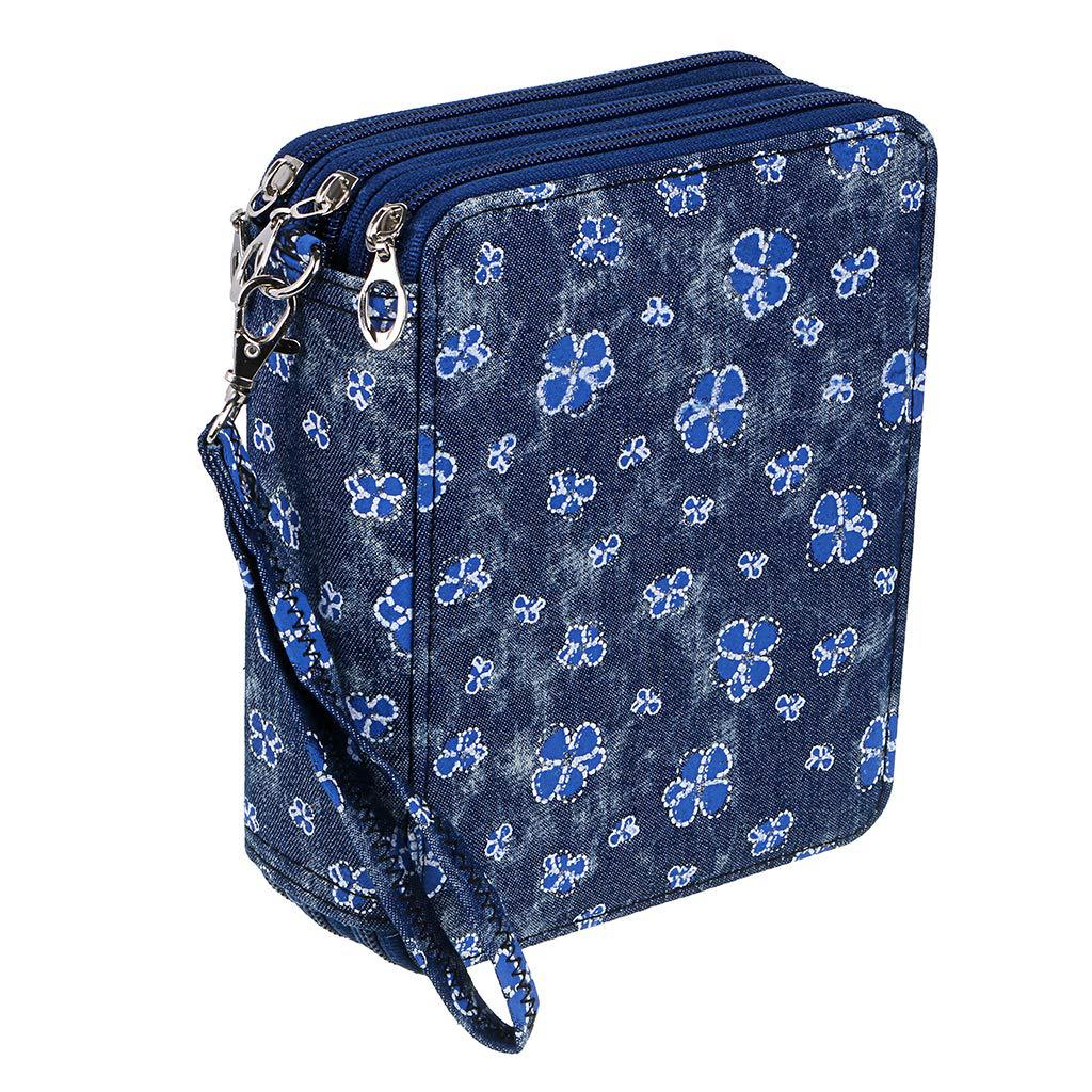 Portable 78-Slot Oxford Cloth Colored Pencil Zipper Case - Large Capacity Sketching & Drawing Stationery Pouch (Denim Flowers)