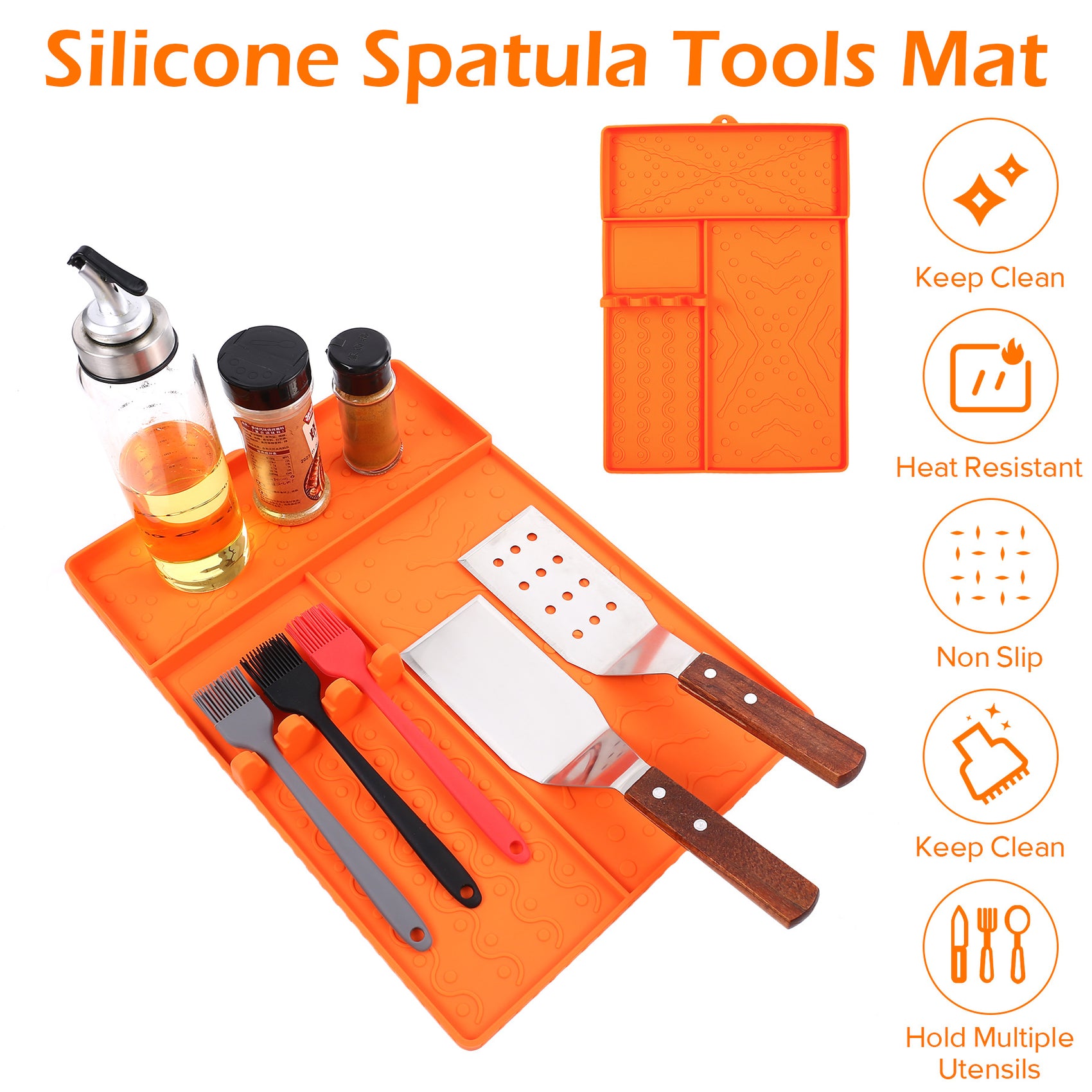 Orange Heavy-Duty Silicone Griddle Tool Mat Integrated Tool & Bottle Slots - Non-Stick BBQ Tool Draining Grease Mat and Seasoning Station