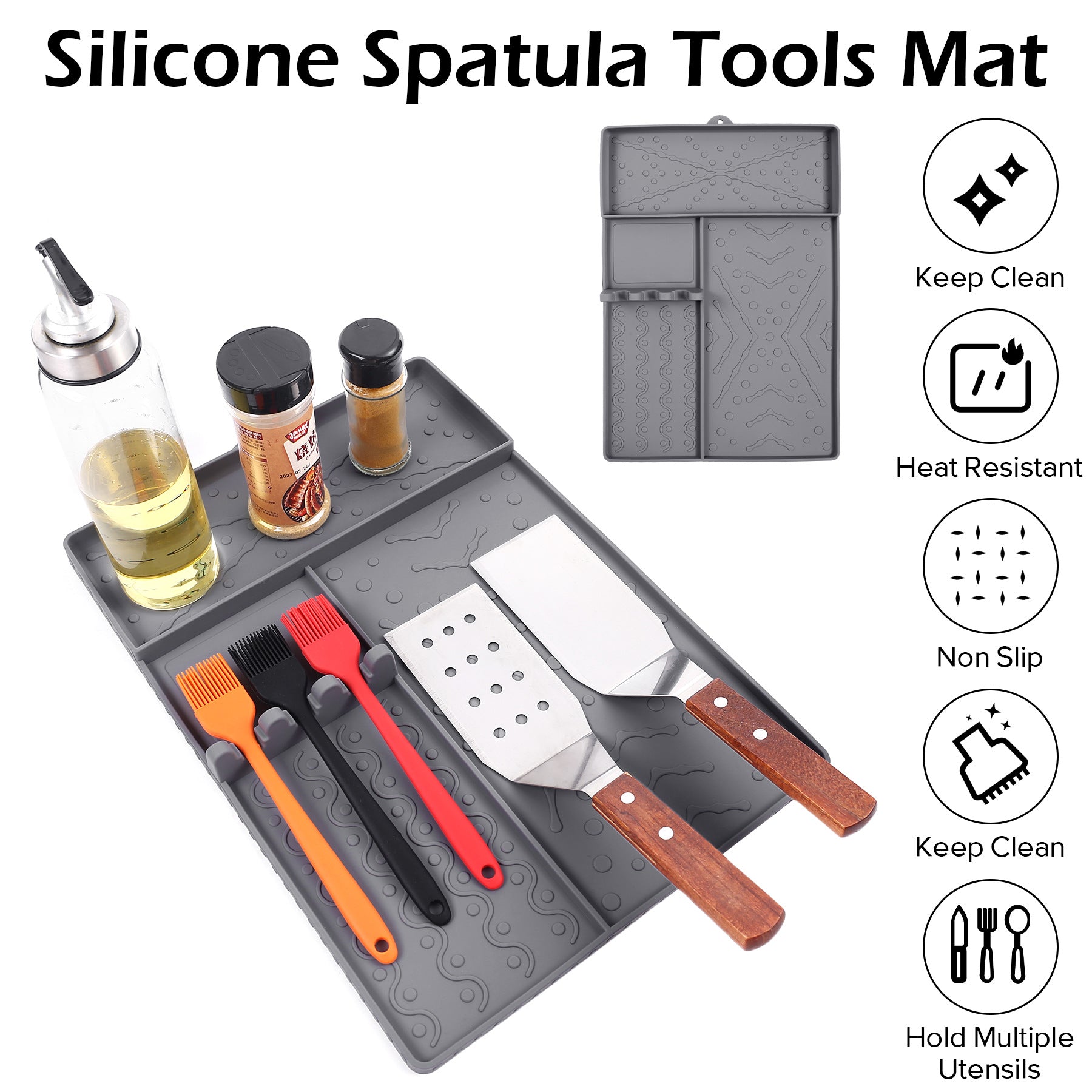Grey Heavy-Duty Silicone Griddle Tool Mat Integrated Tool & Bottle Slots - Non-Stick BBQ Tool Draining Grease Mat and Seasoning Station