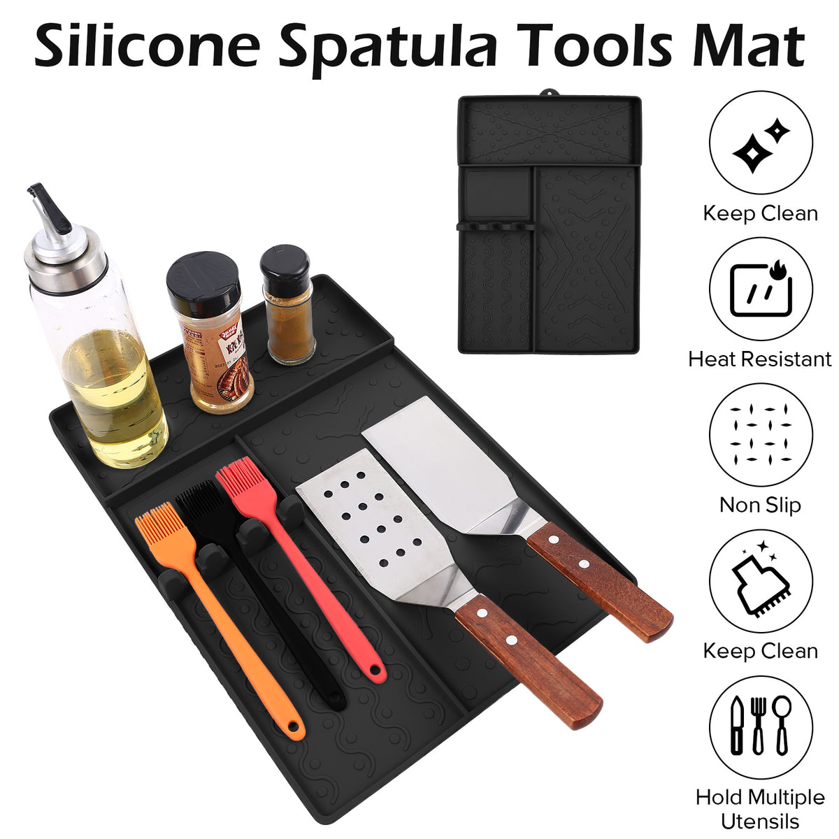 Black Heavy-Duty Silicone Griddle Tool Mat Integrated Tool & Bottle Slots - Non-Stick BBQ Tool Draining Grease Mat and Seasoning Station