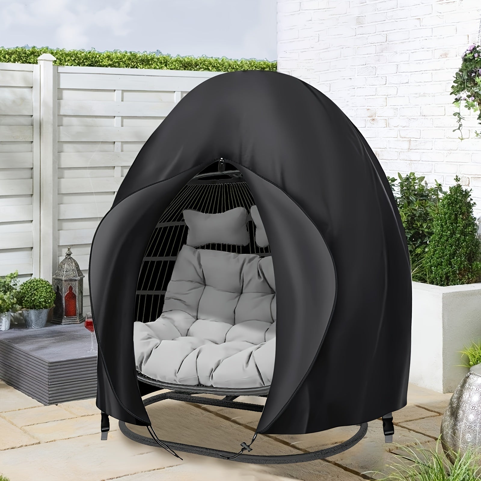 Black Heavy Duty Hanging Egg Chair Shield with Windproof Drawstring and Storage Bag - Waterproof & Dustproof Garden Swing Chair Protector (Double Seat 190 x 115 CM)