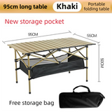 95CM Khaki Portable Folding Egg Roll Camping Table with Storage Bag & Mesh Net- Heavy-Duty Carbon Steel Picnic Table for 4-6 People