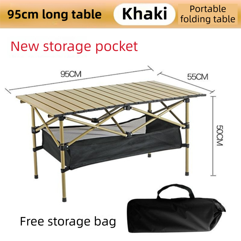 95CM Khaki Portable Folding Egg Roll Camping Table with Storage Bag & Mesh Net- Heavy-Duty Carbon Steel Picnic Table for 4-6 People