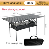 120CM Black Portable Folding Egg Roll Camping Table with Storage Bag & Mesh Net- Heavy-Duty Carbon Steel Picnic Table for 6-8 People