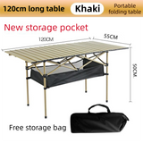 120CM Khaki Portable Folding Egg Roll Camping Table with Storage Bag & Mesh Net- Heavy-Duty Carbon Steel Picnic Table for 6-8 People