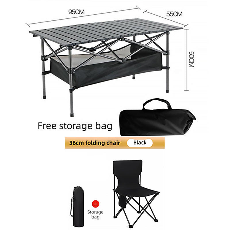 95CM Black Portable Folding Egg Roll Camping Table + 4-Pack 36CM Chairs with Storage Bag & Mesh Net- Heavy-Duty Carbon Steel Picnic Table for 4-6 People