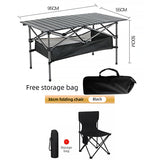 95CM Black Portable Folding Egg Roll Camping Table + 4-Pack 36CM Chairs with Storage Bag & Mesh Net- Heavy-Duty Carbon Steel Picnic Table for 4-6 People