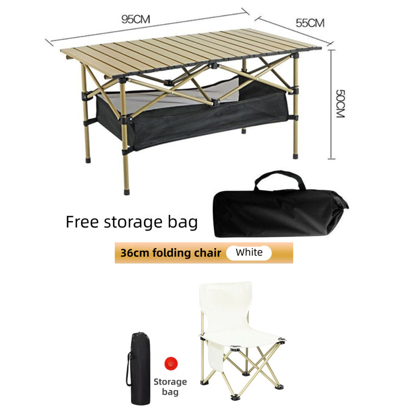 95CM Khaki Portable Folding Egg Roll Camping Table + 4-Pack 36CM Chairs with Storage Bag & Mesh Net- Heavy-Duty Carbon Steel Picnic Table for 4-6 People