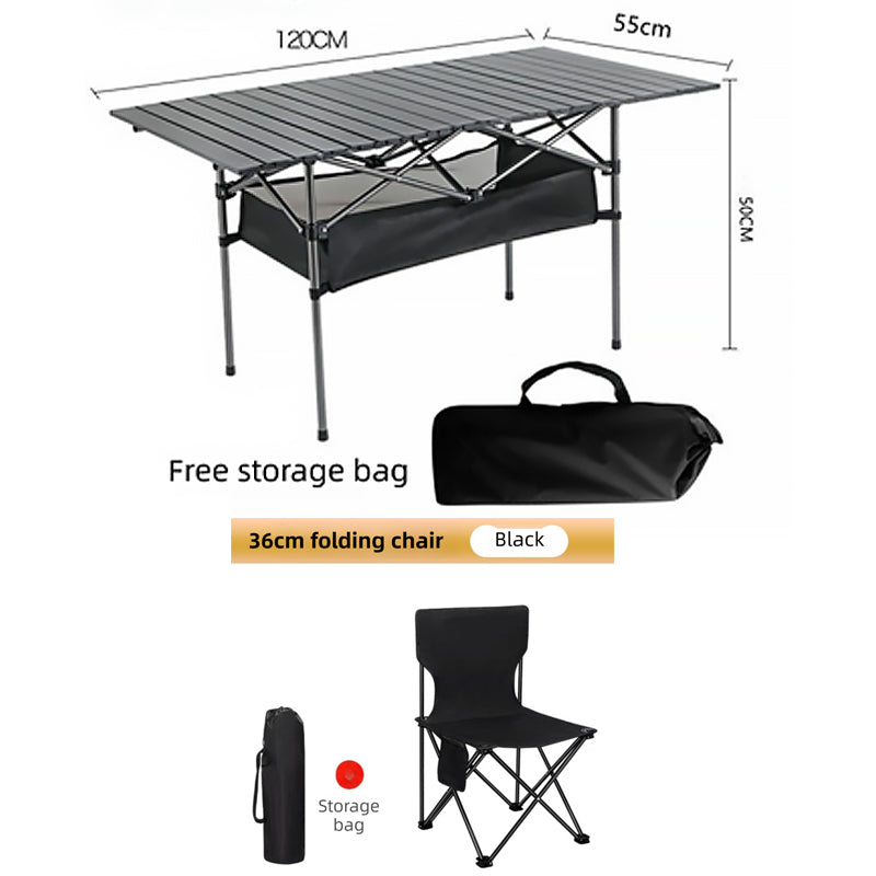 120CM Black Portable Folding Egg Roll Camping Table + 4-Pack 36CM Chairs with Storage Bag & Mesh Net- Heavy-Duty Carbon Steel Picnic Table for 6-8 People