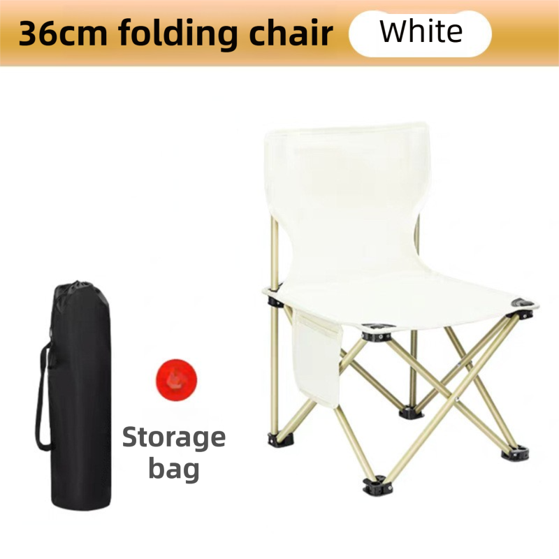 36CM White Portable Folding Camping Chair with Storage Bag & Pocket - Heavy-Duty Carbon Steel Picnic Chair