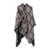 Brown Elegant Check Knit Travel Shawl with Stylish Side-Slit Design - Fall & Winter Luxurious Cashmere-Feel Pullover Cape (135 x 155 CM)