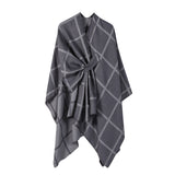 Grey Elegant Check Knit Travel Shawl with Stylish Side-Slit Design - Fall & Winter Luxurious Cashmere-Feel Pullover Cape (135 x 155 CM)