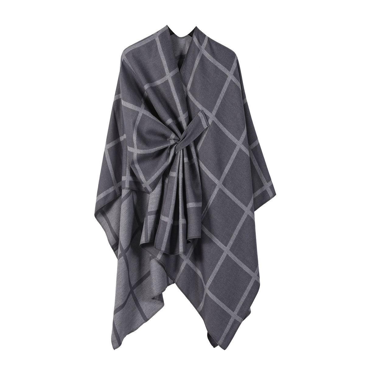 Grey Elegant Check Knit Travel Shawl with Stylish Side-Slit Design - Fall & Winter Luxurious Cashmere-Feel Pullover Cape (135 x 155 CM)