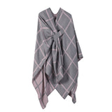 Grey and Pink Elegant Check Knit Travel Shawl with Stylish Side-Slit Design - Fall & Winter Luxurious Cashmere-Feel Pullover Cape (135 x 155 CM)