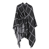 Black and Grey Elegant Check Knit Travel Shawl with Stylish Side-Slit Design - Fall & Winter Luxurious Cashmere-Feel Pullover Cape (135 x 155 CM)