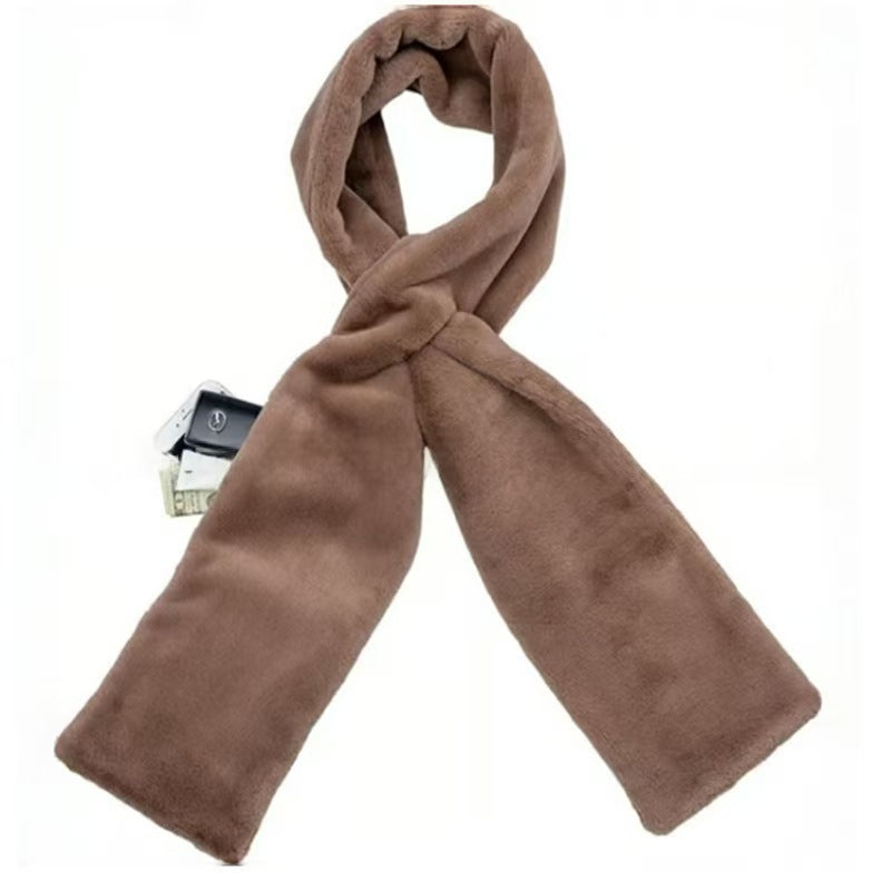 Brown Soft Faux Fur Scarf with 15x20CM Hidden Zipper Pocket - Anti-Theft Travel Scarf  for Phone, Passport and Essentials