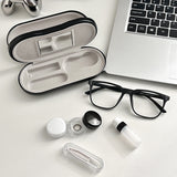 Black Leather Dual-Layer Eyewear Case with Mirror & Lens Care Kit - Rigid Travel Organizer for Glasses and Contact Lenses