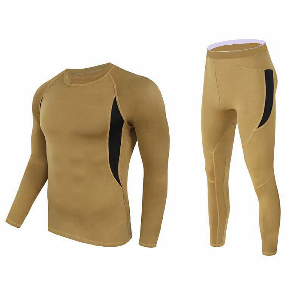 L Size Khaki Men's Tactical 4-Way Stretch Fleece Lined Thermal Underwear Set - Winter Sweat-Wicking & Breathable Sportswear for Training & Outdoors