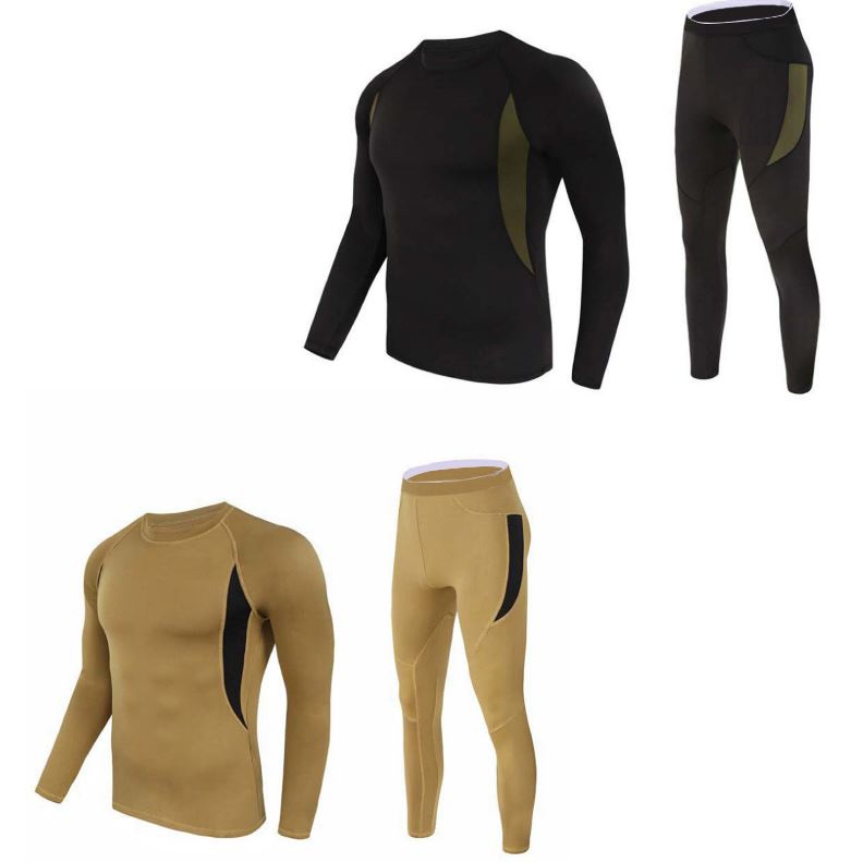 2-Pack M Size Men's Tactical 4-Way Stretch Fleece Lined Thermal Underwear Set(Black + Khaki) - Winter Sweat-Wicking & Breathable Sportswear for Training & Outdoors