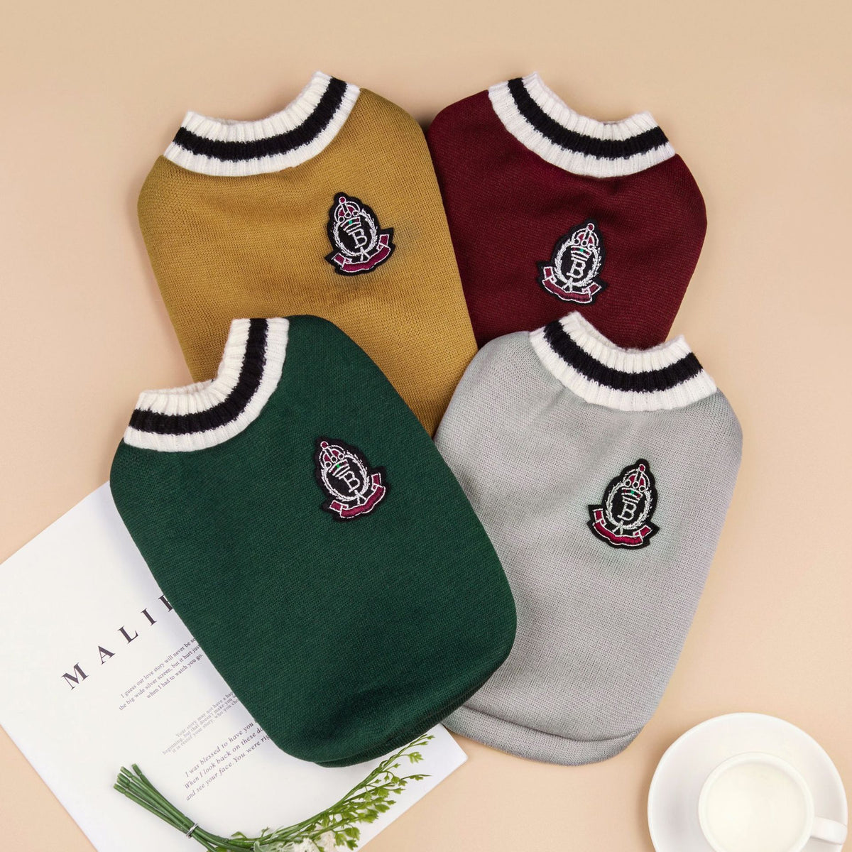 4-Pack XL Size Preppy Style V-Neck Knitted Cotton Pet Sweater - Hair-Resistant & Breathable, Classic Fleece-Lined Pullover for Cats and Dogs(Green + Red + Khaki + Grey)