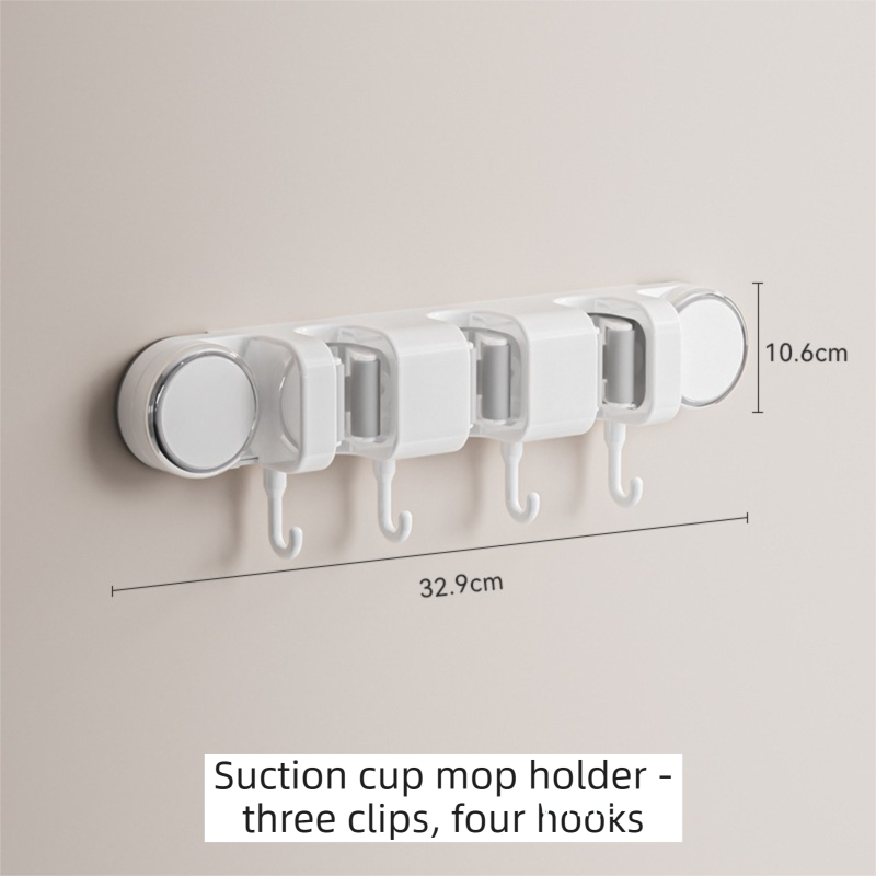 White Vacuum Suction Cup Mop & Broom Holder with 3 Roller Clips + 4 Hooks - Heavy Duty Waterproof Rack for Bathroom & Kitchen