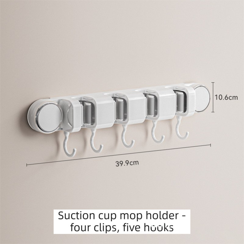 White Vacuum Suction Cup Mop & Broom Holder with 4 Roller Clips + 5 Hooks - Heavy Duty Waterproof Rack for Bathroom & Kitchen