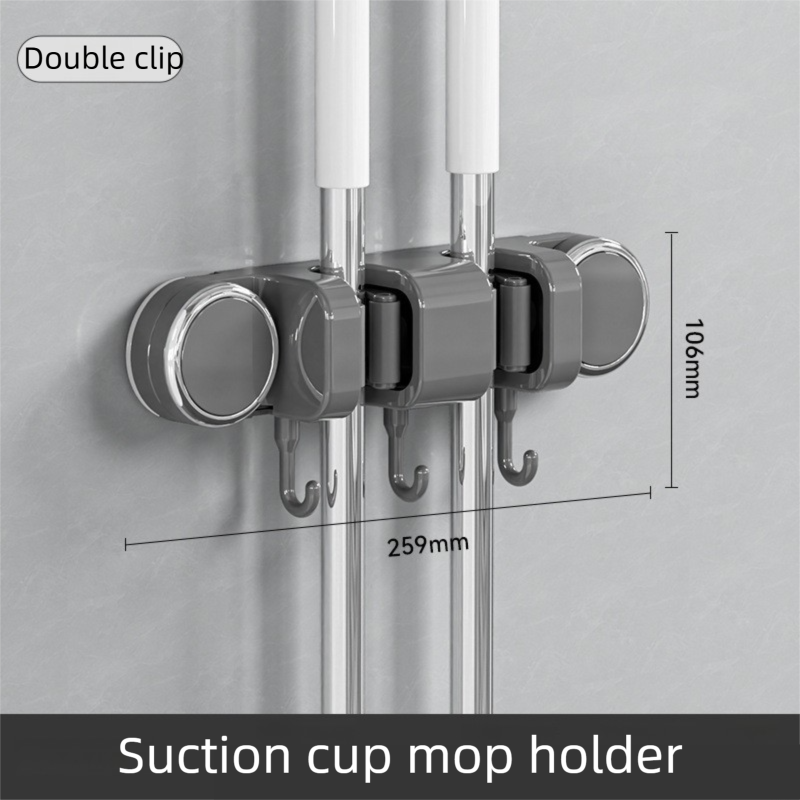 Grey Vacuum Suction Cup Mop & Broom Holder with 2 Roller Clips + 3 Hooks - Heavy Duty Waterproof Rack for Bathroom & Kitchen