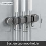 Grey Vacuum Suction Cup Mop & Broom Holder with 3 Roller Clips + 4 Hooks - Heavy Duty Waterproof Rack for Bathroom & Kitchen