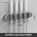 Grey Vacuum Suction Cup Mop & Broom Holder with 4 Roller Clips + 5 Hooks - Heavy Duty Waterproof Rack for Bathroom & Kitchen