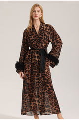 Women's Sexy Leopard Long Sleeve Print Satin Robe - Breathable Luxury Satin Chiffon Housecoat & Long Elegant Morning Gown