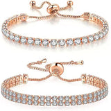Rose Gold High-Sparkle Cubic Zirconia Iced-Out Tennis Bracelet of Single Row & Double Row (5.7" to 11.3") - Minimalist Geometric Dainty Jewelry