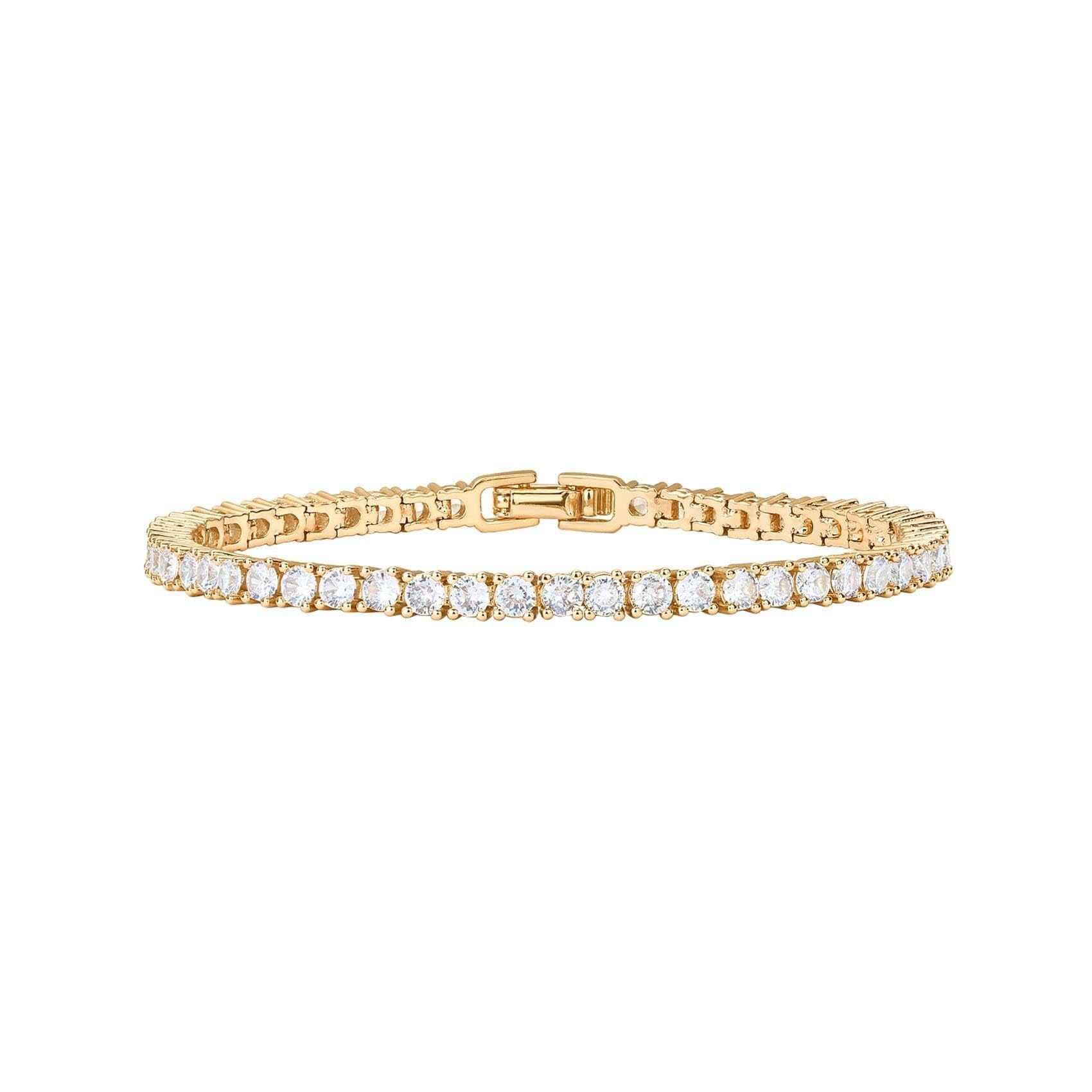 Gold 4.0mm Iced-Out Zirconia Tennis Bracelet with Secure Clasp - Classic Luxury Rhinestone Tennis Chain for Men & Women (8 Inches)
