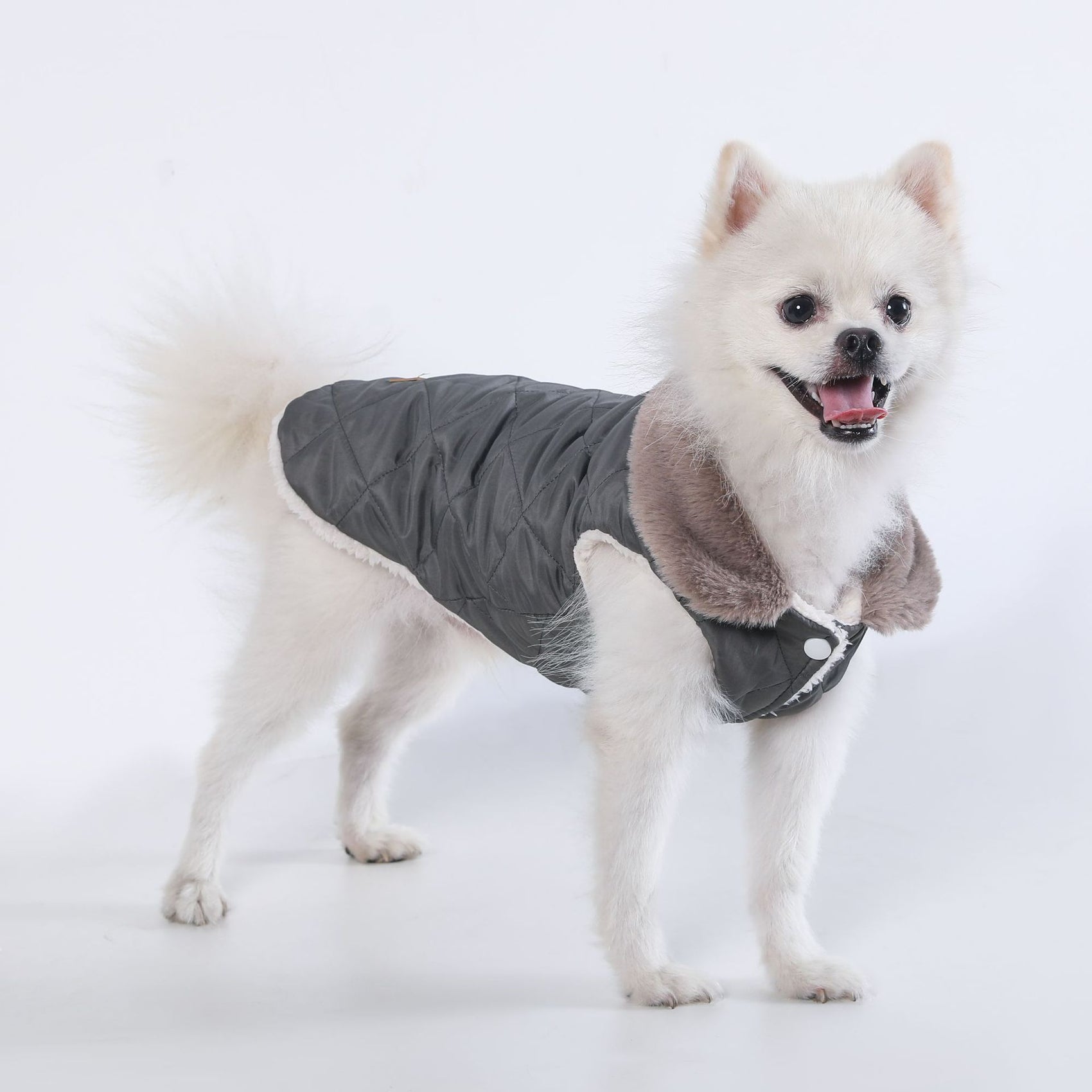 M Size Grey Winter Padded Cotton Dog Thermal Plaid Vest with Faux Fur Collar - Thick Fleece-Lined Warm Pet Jacket