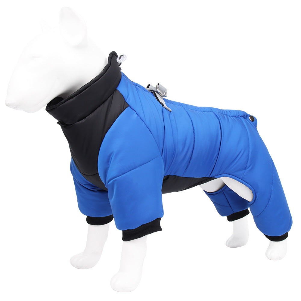 XL Size Blue Winter Waterproof Dog 4 Leg Jumpsuit for Full Body Warmth - Reflective Windproof Pet Puffer Coat with Integrated Harness