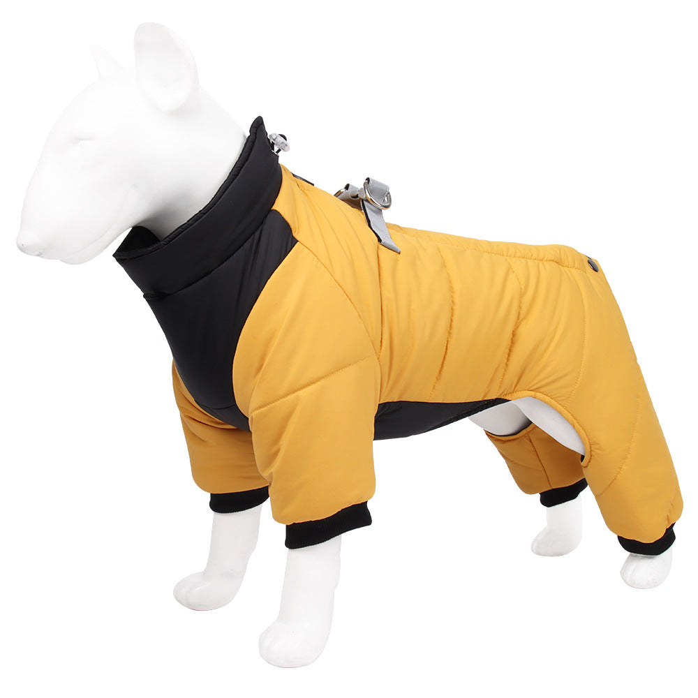3XL Size Yellow Winter Waterproof Dog 4 Leg Jumpsuit for Full Body Warmth - Reflective Windproof Pet Puffer Coat with Integrated Harness