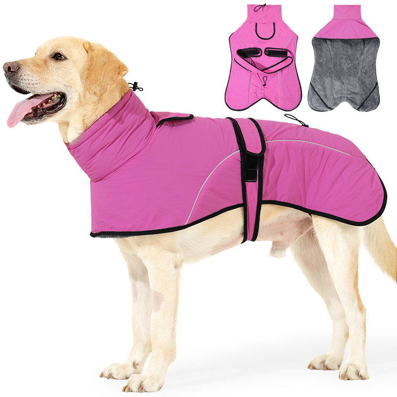 3XL Size Rose Red Winter Waterproof Dog Puffer Vest with Adjustable Neckline / Belt and Leash Access - Reflective Long-Pile Fleece Lined Warm Cloak