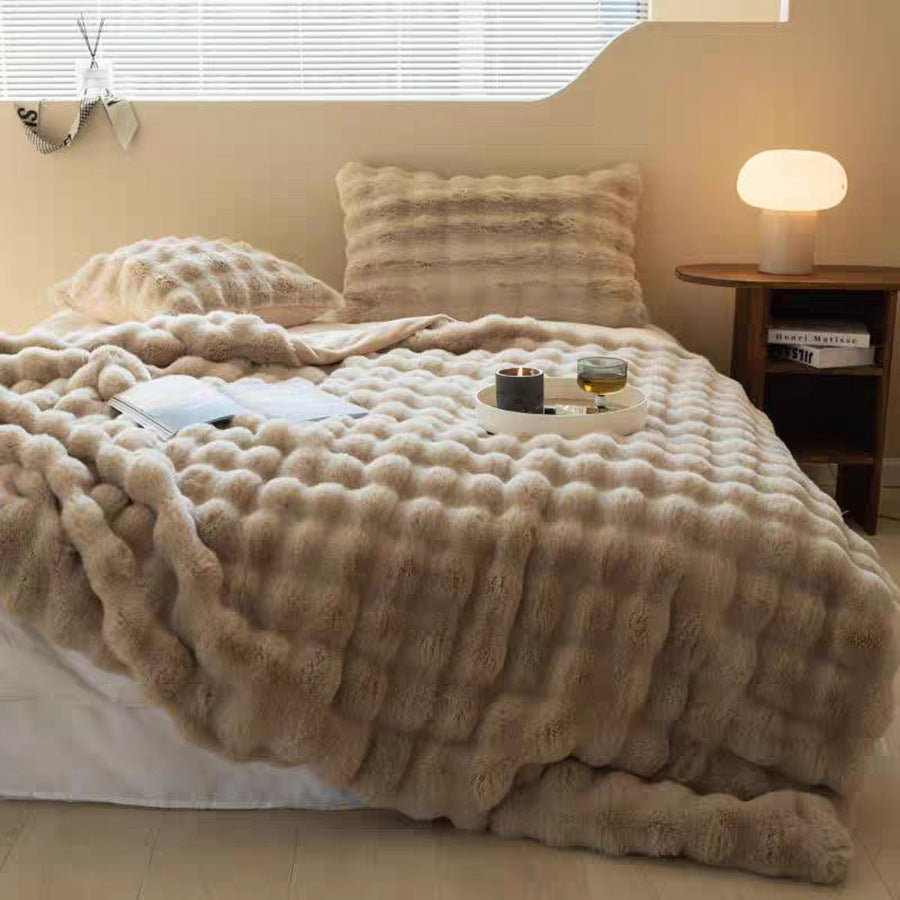 Brown Luxury Tuscany Fleece Rabbit Fur Bubble Blanket (140 x 200 CM) - Double-Sided Thickened Soft Plush Bedding & Sofa Throw