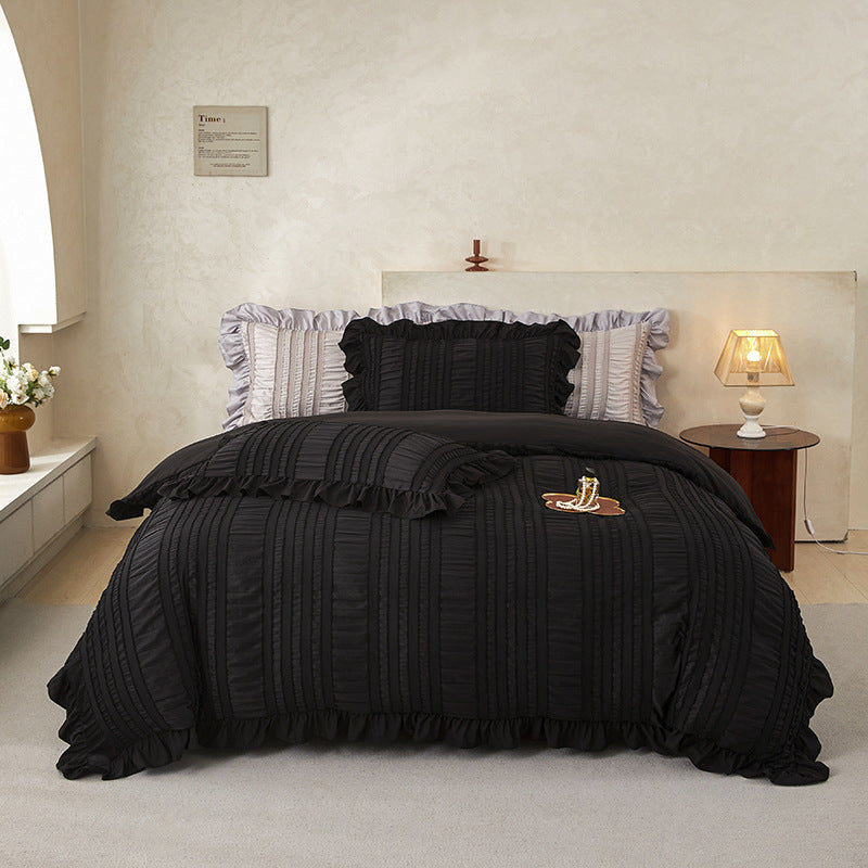 Black Elegant Ruffle Seersucker Duvet Cover with 2PCS Pillow Shams - 3-Piece Vertical Stripe Clipped Floral Textured Bedding (Queen Size 229 x 229 CM)