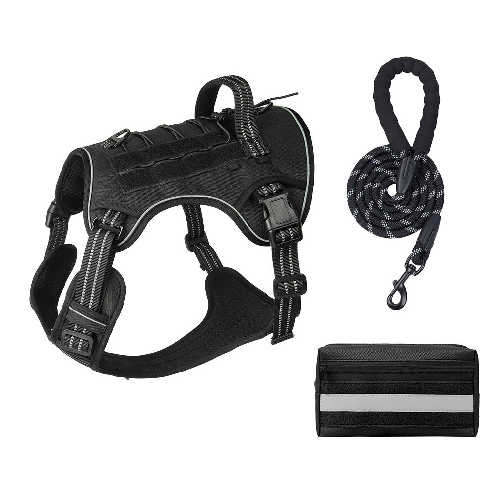 3-Piece Black Tactical Dog Harness Set (L Size) - Heavy Duty No-Pull Vest with Detachable Tactical Pouch & Climbing Rope Leash