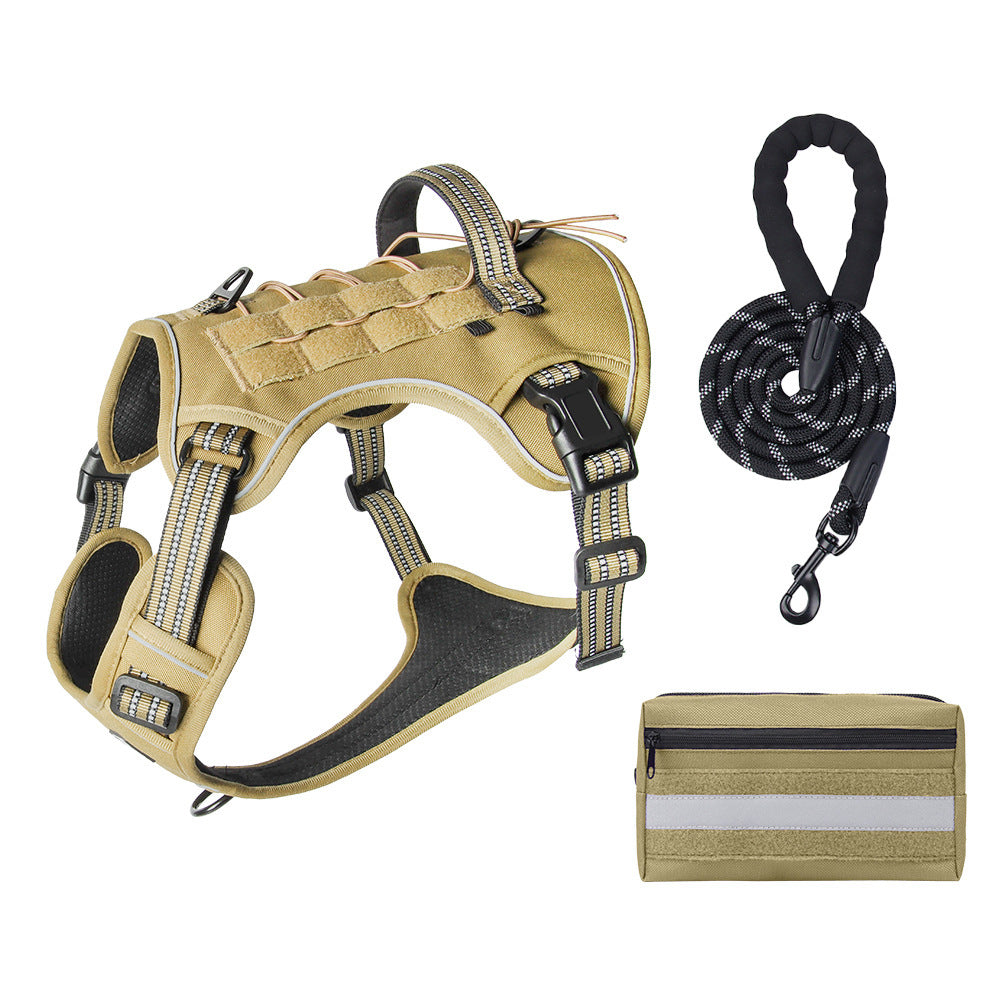 3-Piece Khaki Tactical Dog Harness Set (M Size) - Heavy Duty No-Pull Vest with Detachable Tactical Pouch & Climbing Rope Leash