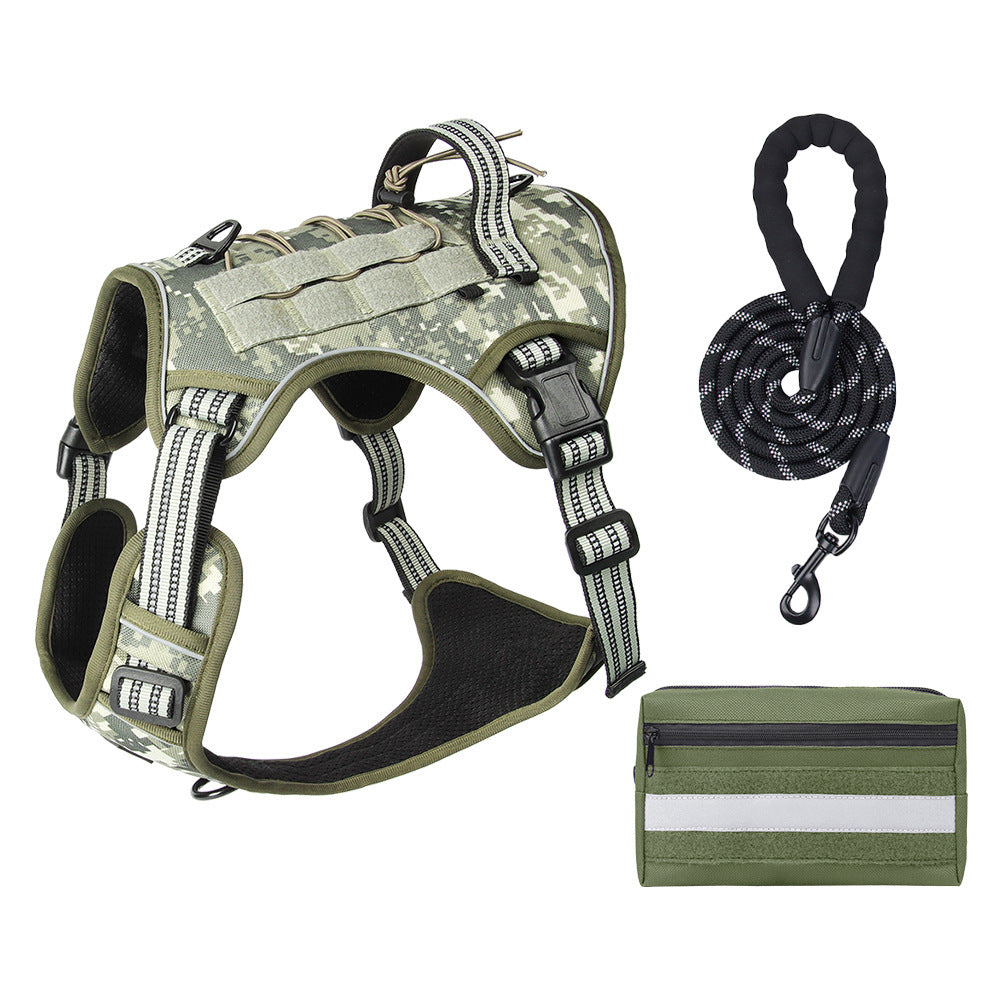 3-Piece Camouflage Tactical Dog Harness Set (S Size) - Heavy Duty No-Pull Vest with Detachable Tactical Pouch & Climbing Rope Leash