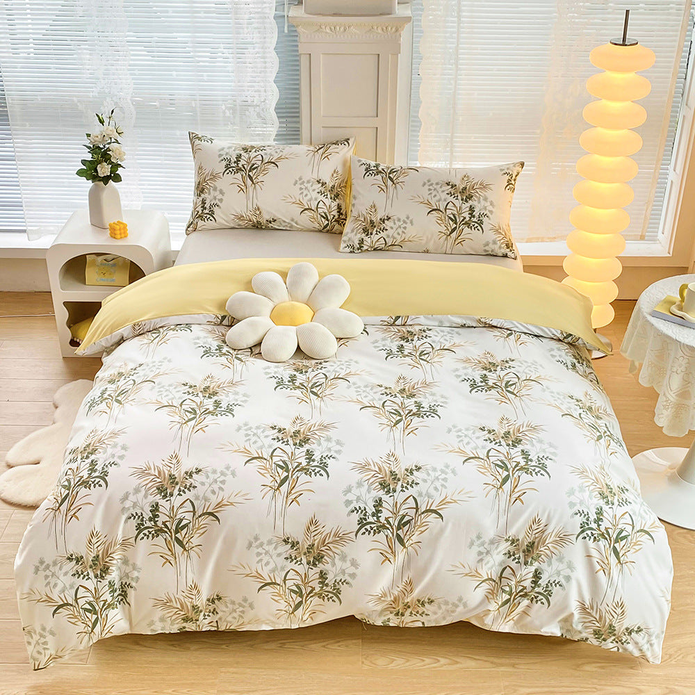 4-Piece Elegant Yellow Bouquet Printed Soft-Touch Brushed Bedding Set for 1.5M Bed: 175 x 220 CM Duvet Cover, 150 x 200 (+25) CM Deep Pocket Fitted Sheet & 2PC 50 x 75 CM Pillowcases