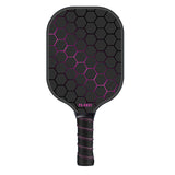 Black and pink fiberglass pickleball paddle with a perforated grip.