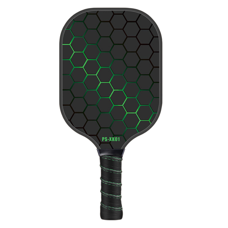 Black and green fiberglass pickleball paddle with a white grip.