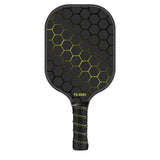 Black and yellow fiberglass pickleball paddle with a black grip.