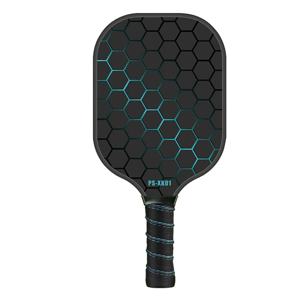 Black and blue fiberglass pickleball paddle with a white grip.