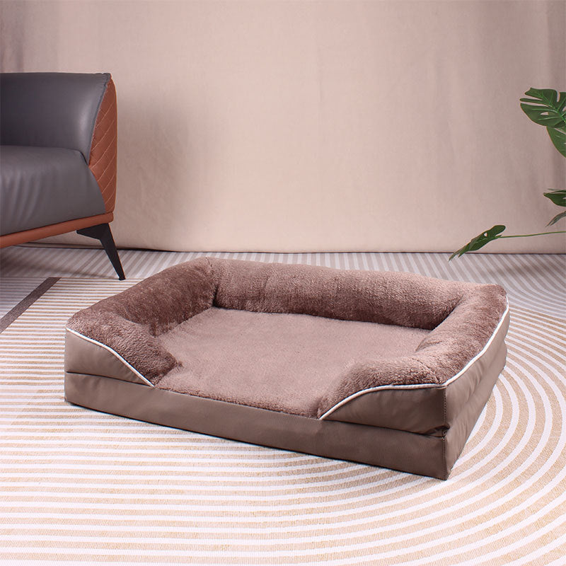Brown Waterproof Egg-Crate Foam Therapeutic Pet Sofa Bed and Fleece Lounge (M Size 74 x 53 x 17 CM) - Low Entry, High Bolster Support & Zipper Removable Cover